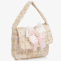 Girls Beige Tweed Bow Handbag (21cm)