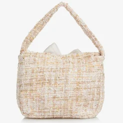 Girls Beige Tweed Bow Handbag (21cm)
