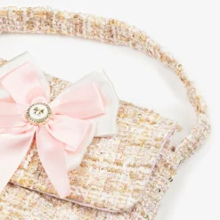 Girls Beige Tweed Bow Handbag (21cm)