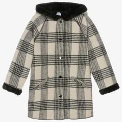 Girls Black & Beige Check Coat