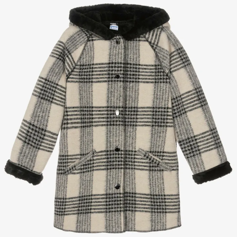 Girls Black & Beige Check Coat