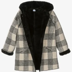 Girls Black & Beige Check Coat