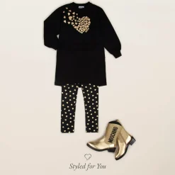 Girls Black & Gold Heart Cotton Leggings