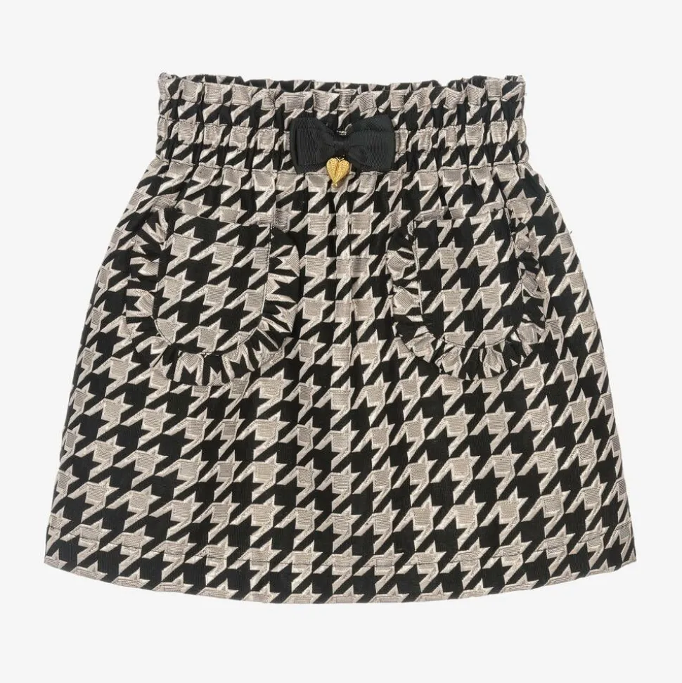 Girls Black & Ivory Houndstooth Cotton Skirt