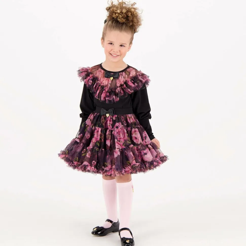 Girls Black & Pink Rose Tulle Tutu Skirt