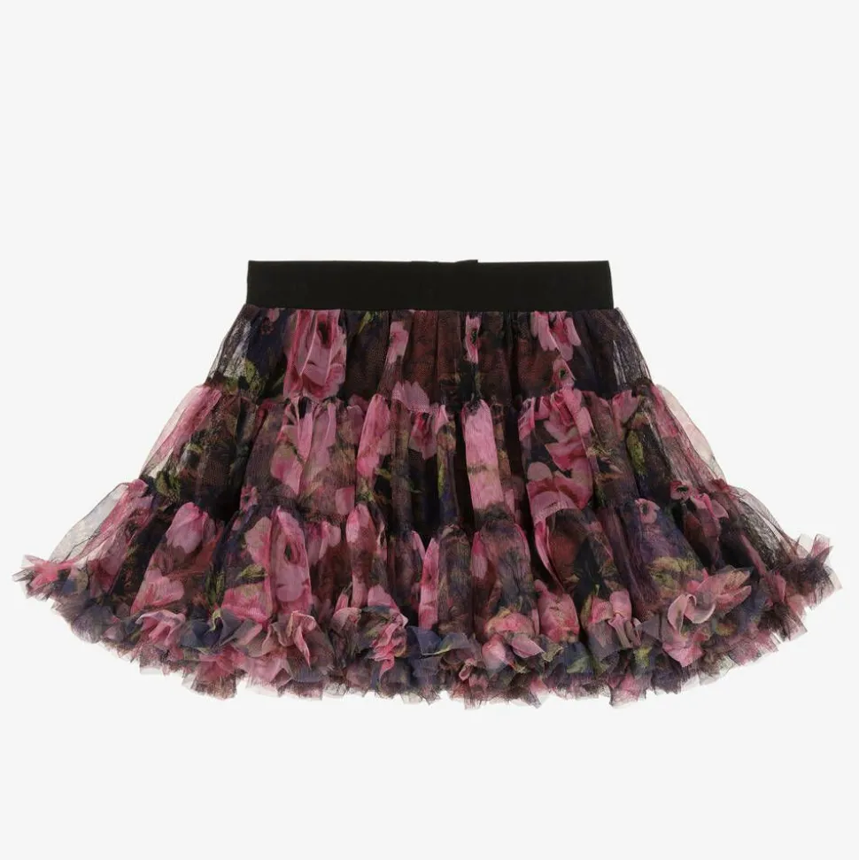 Girls Black & Pink Rose Tulle Tutu Skirt