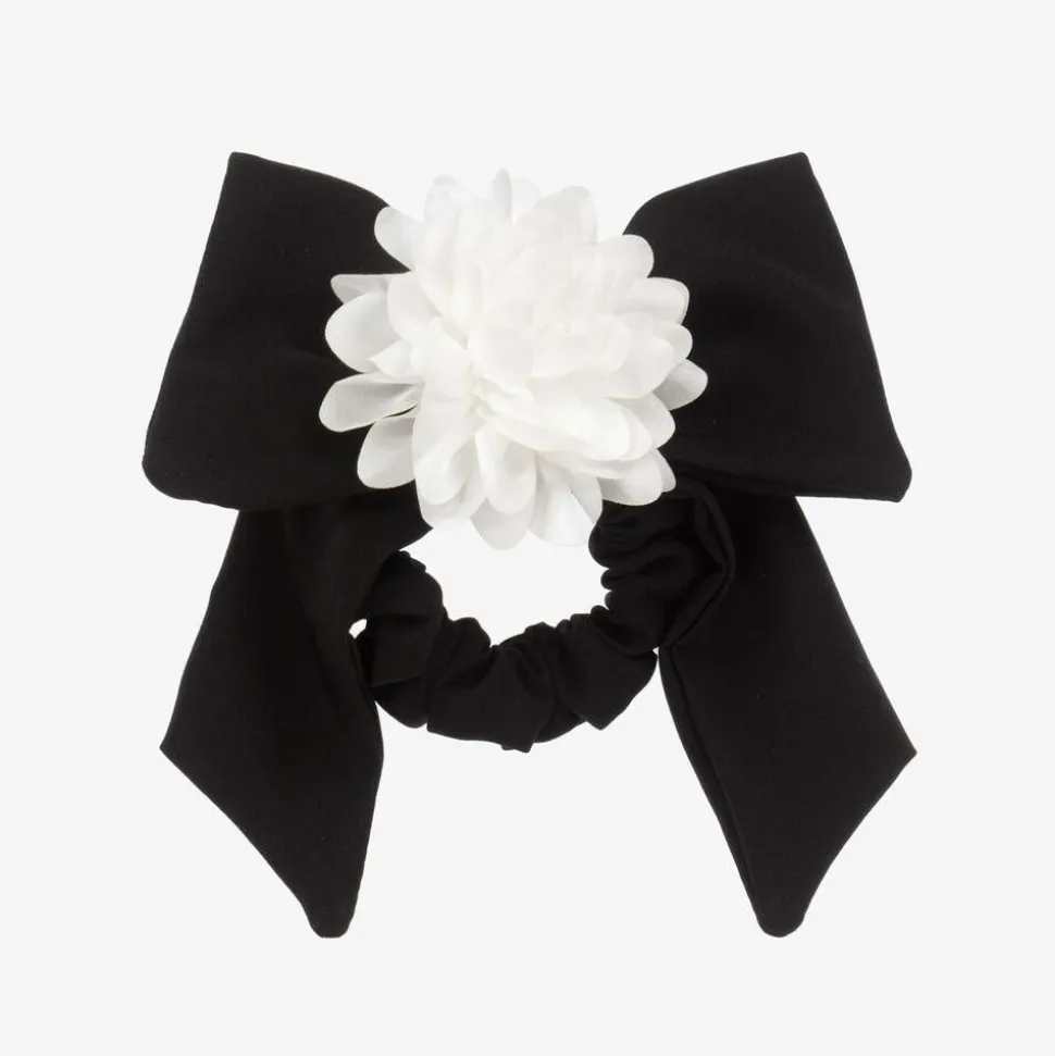 Girls Black Bow & Flower Hair Elastic