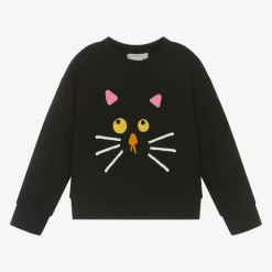 Girls Black Cotton Cat Sweatshirt