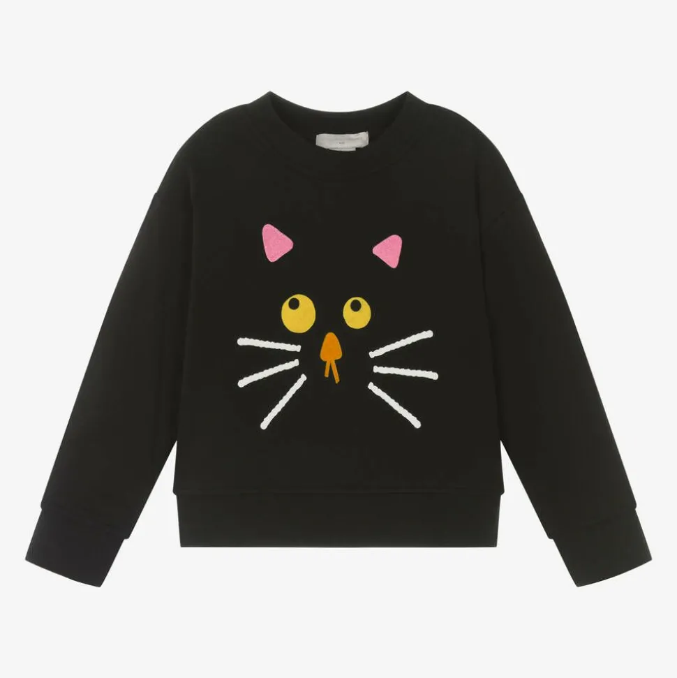 Girls Black Cotton Cat Sweatshirt