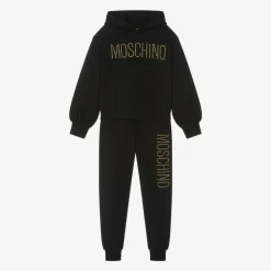 Girls Black Cotton Stud Logo Tracksuit