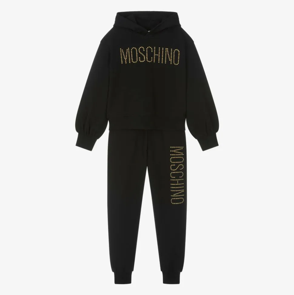 Girls Black Cotton Stud Logo Tracksuit