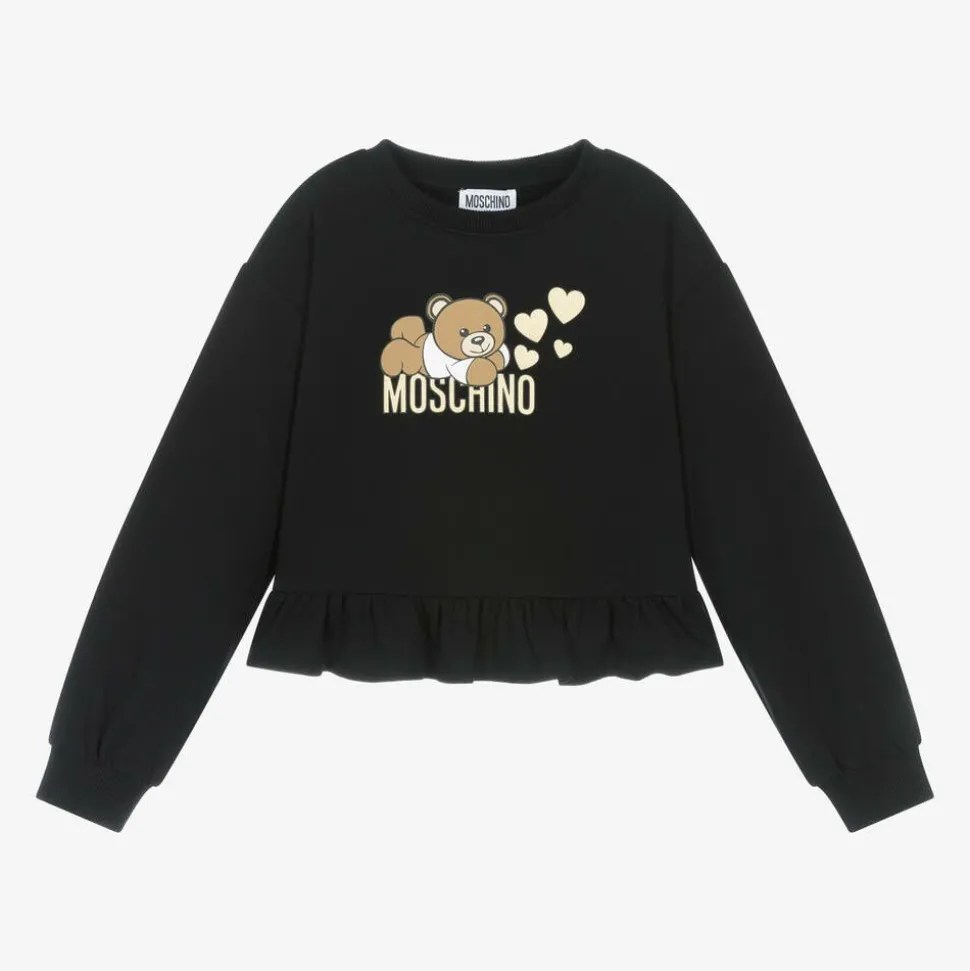 Girls Black Cotton Teddy Bear Sweatshirt