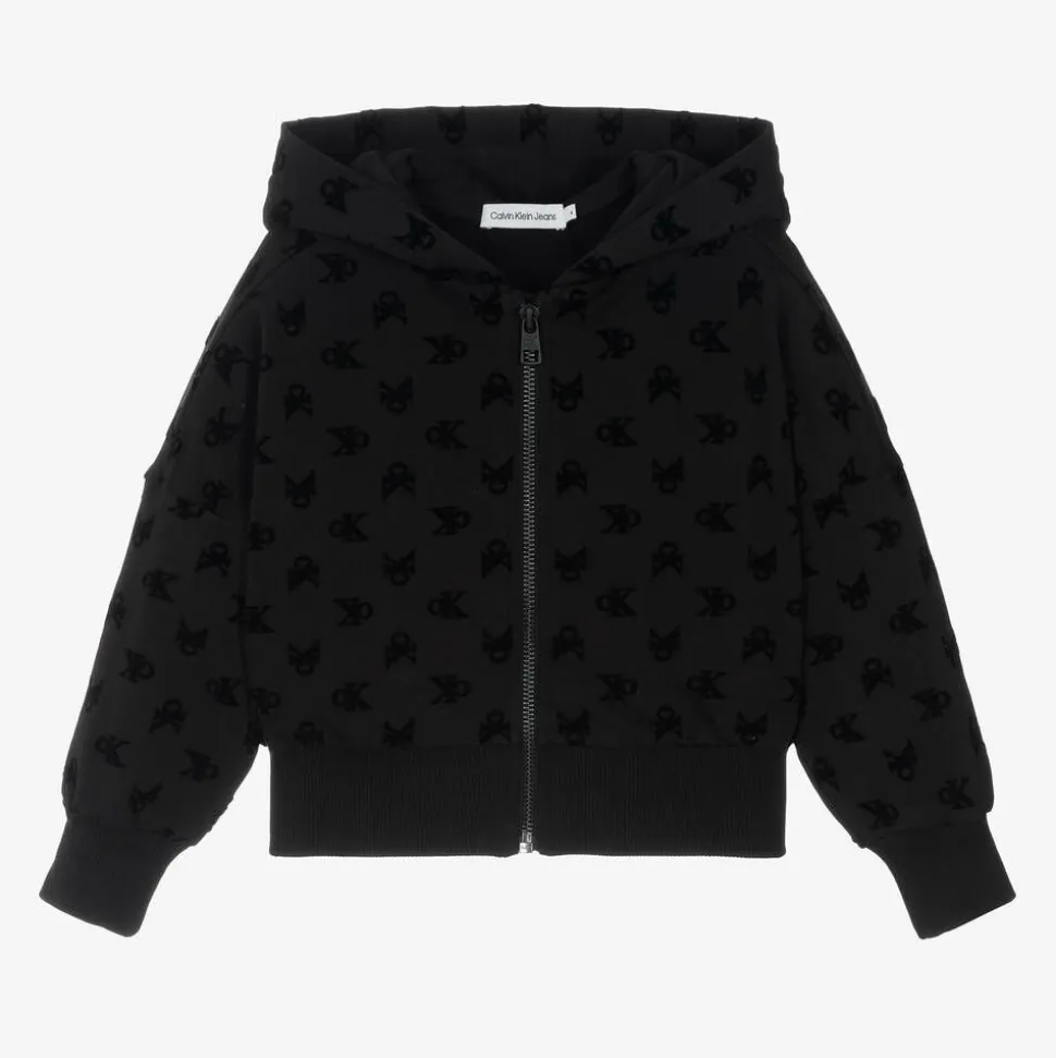Girls Black Cotton Zip-Up Hoodie