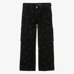 Girls Black Diamanté Wide Leg Cargo Jeans