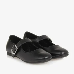 Girls Black Faux Leather Buckle Pumps