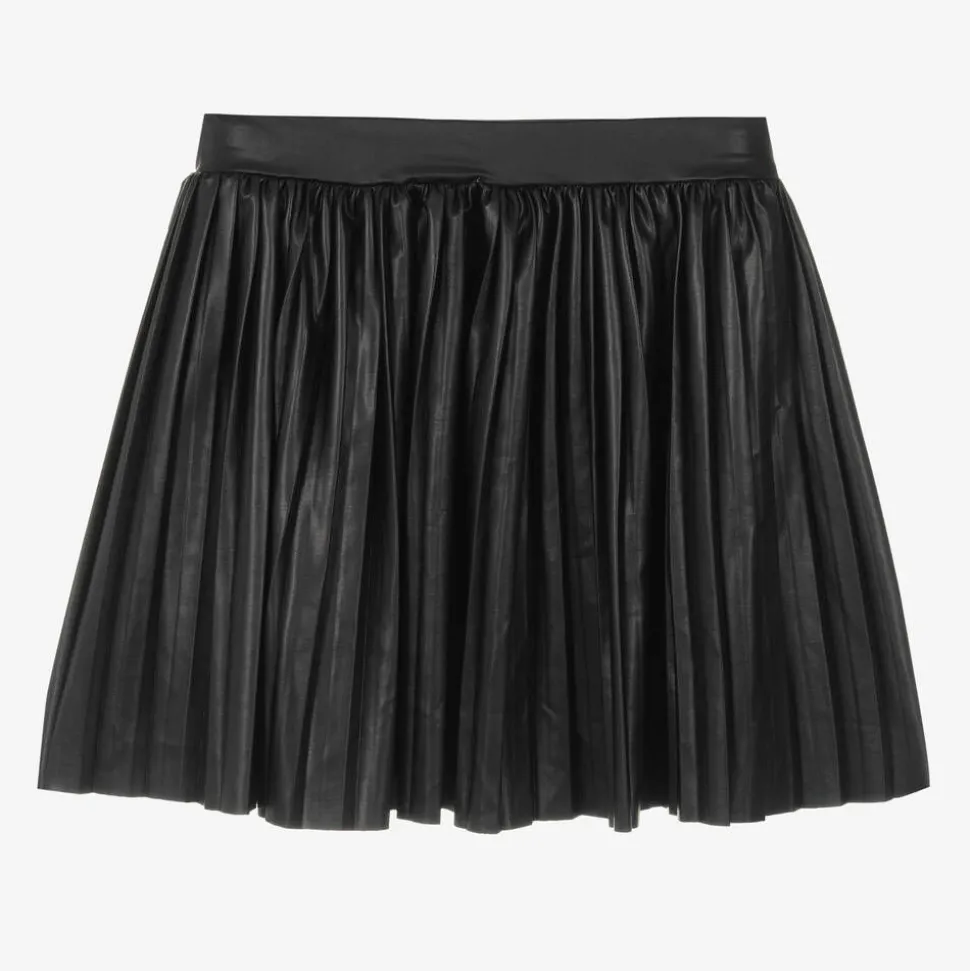 Girls Black Faux Leather Pleated Skirt