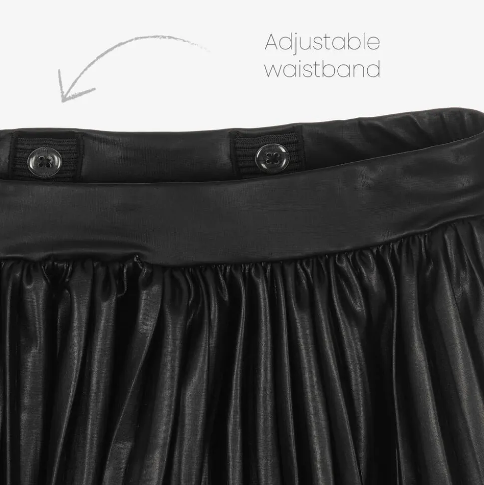 Girls Black Faux Leather Pleated Skirt