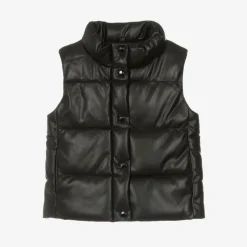 Girls Black Faux Leather Puffer Gilet