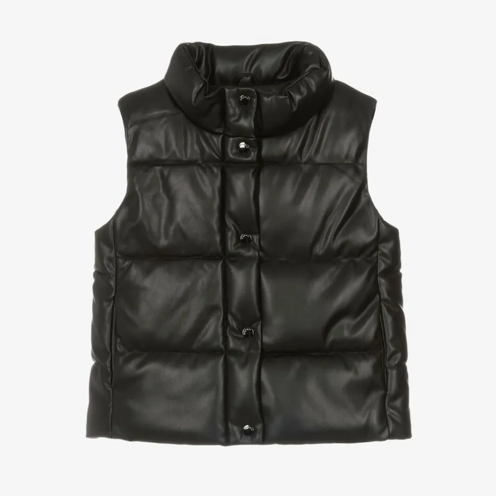 Girls Black Faux Leather Puffer Gilet