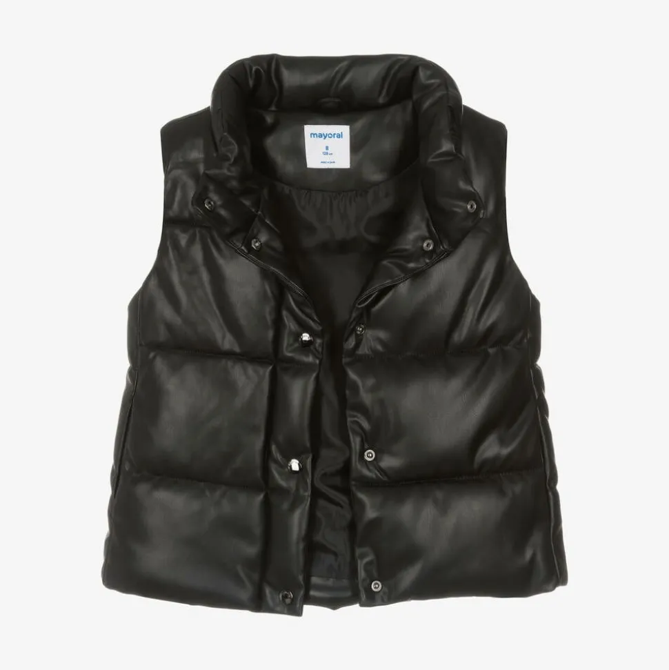 Girls Black Faux Leather Puffer Gilet