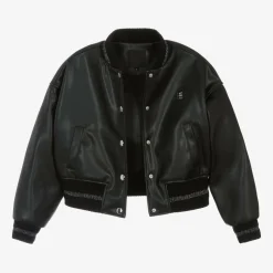 Girls Black Faux Leather Bomber Jacket