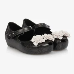 Girls Black Flower Jelly Shoes