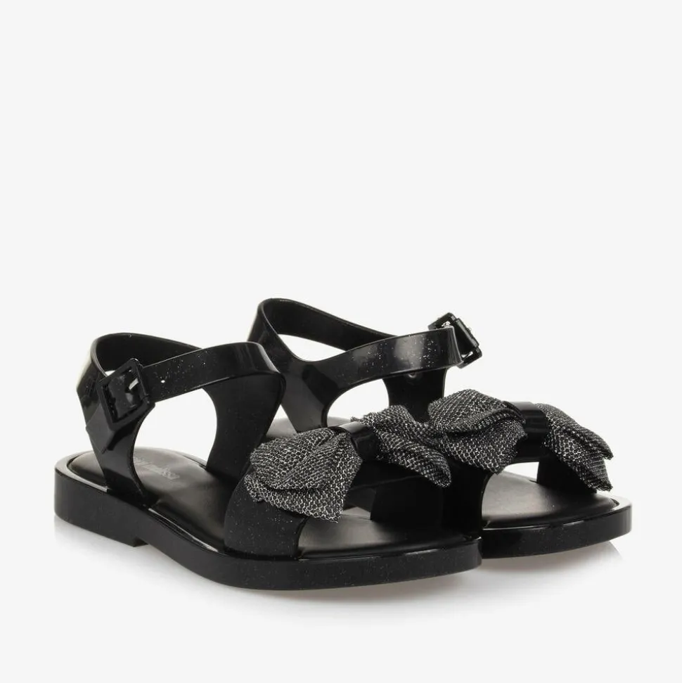 Girls Black Glitter Bow Jelly Sandals