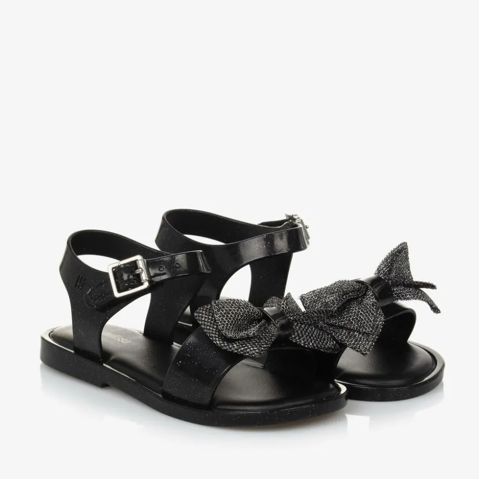 Girls Black Glitter Bow Jelly Sandals