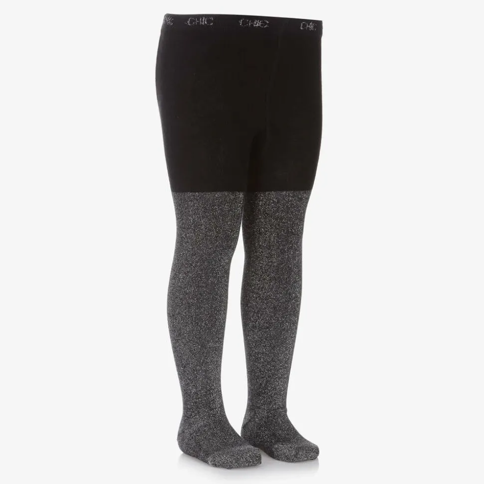 Girls Black Glitter Cotton Tights