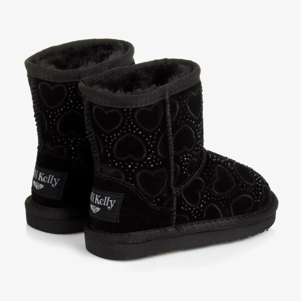Girls Black Heart & Diamanté Suede Boots