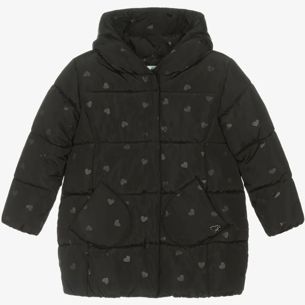 Girls Black Heart Puffer Coat