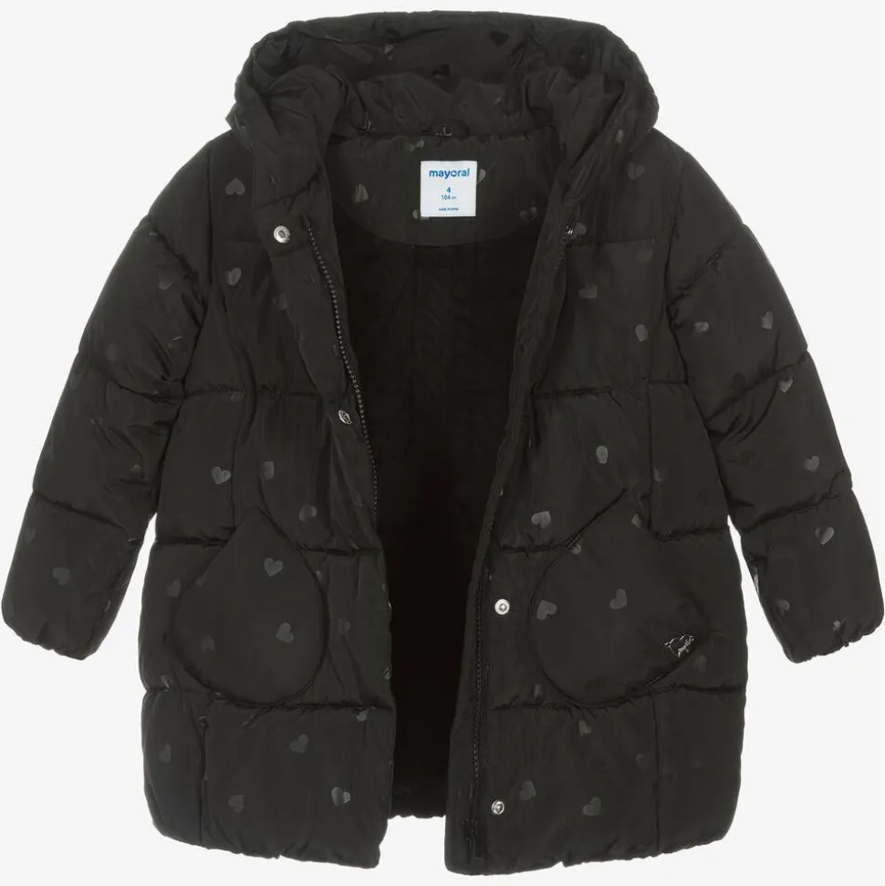 Girls Black Heart Puffer Coat