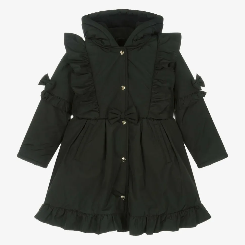 Girls Black Hooded Bow Coat