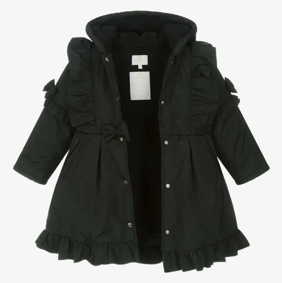Girls Black Hooded Bow Coat