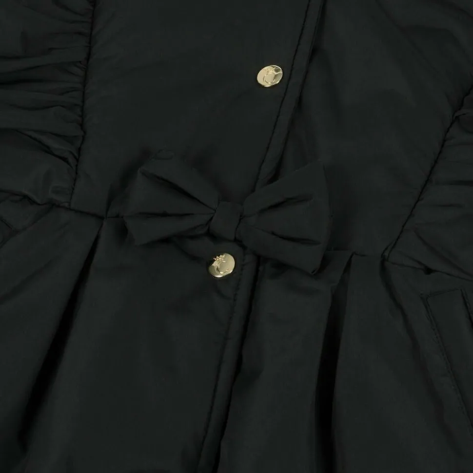 Girls Black Hooded Bow Coat