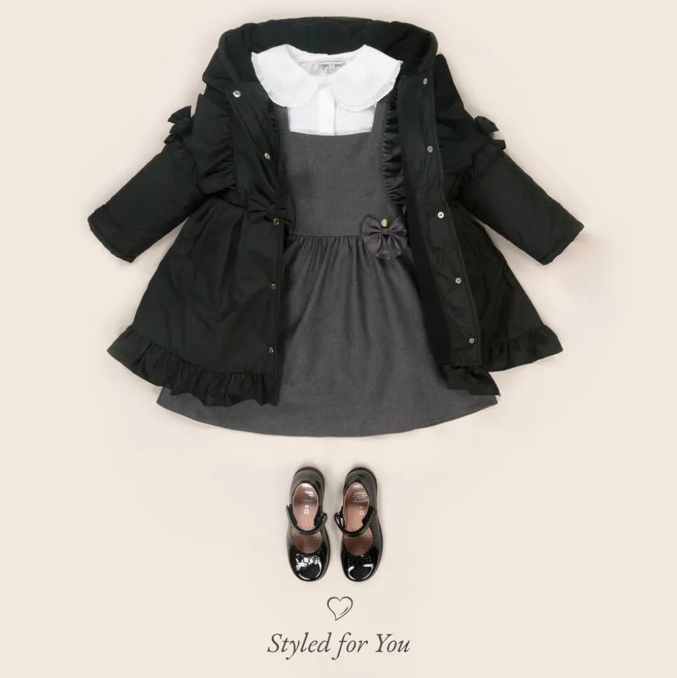 Girls Black Hooded Bow Coat