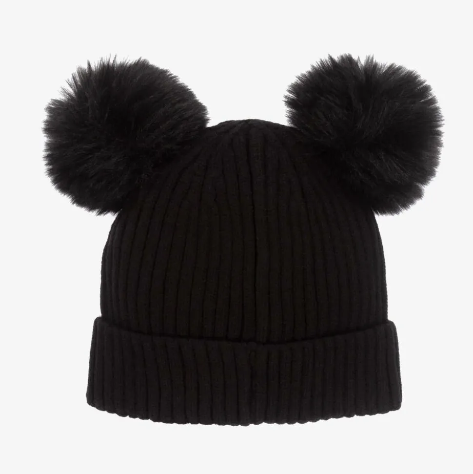 Girls Black Knit Pom-Pom Hat