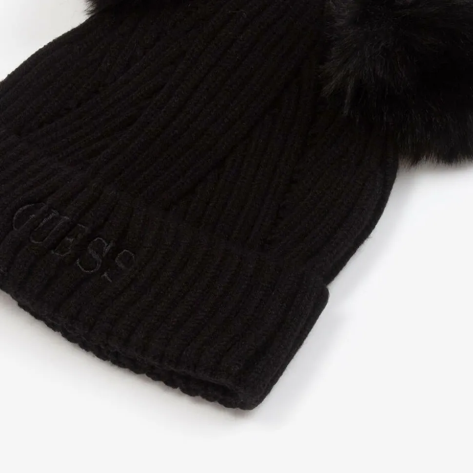 Girls Black Knit Pom-Pom Hat