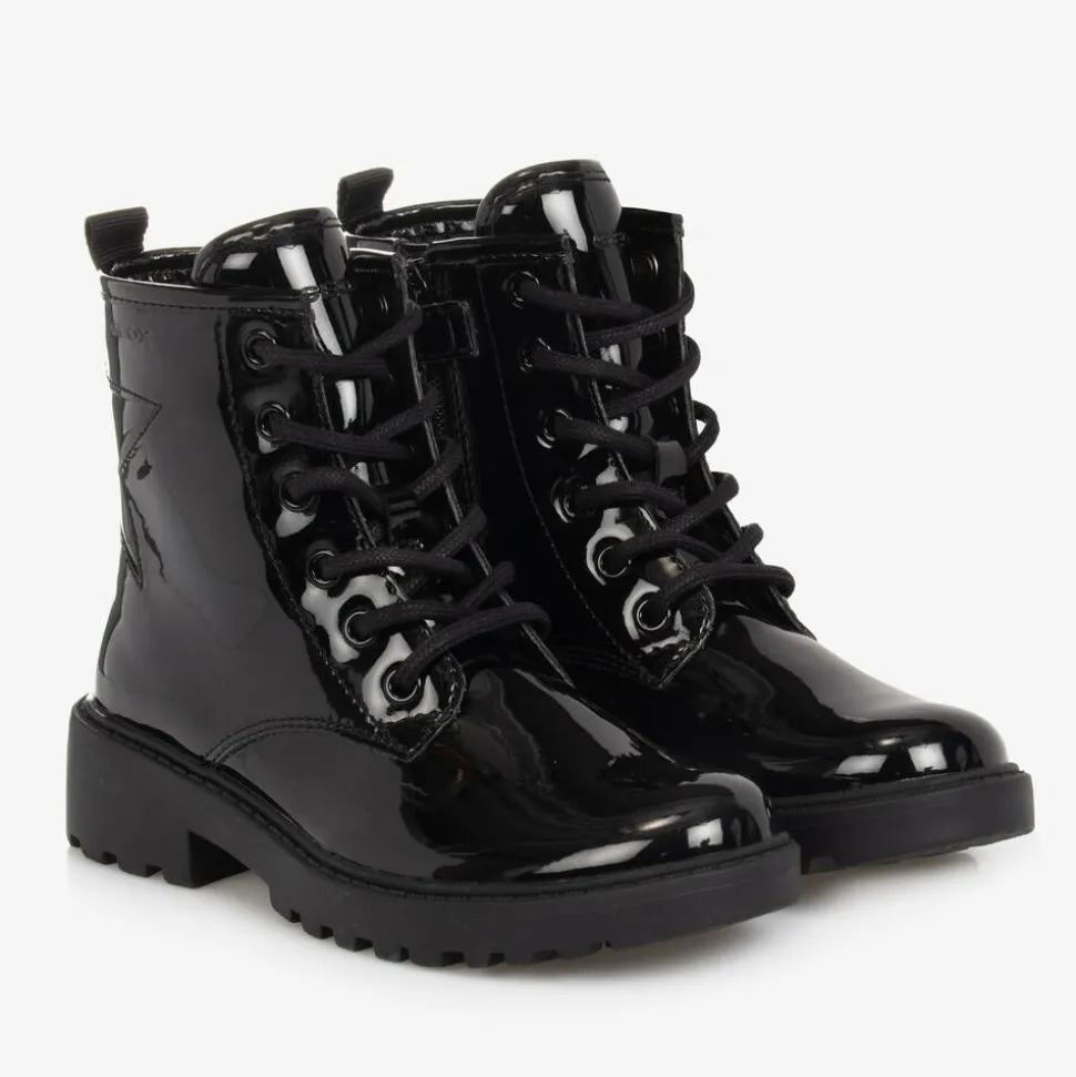Girls Black Lace-Up Patent Boots