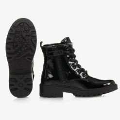 Girls Black Lace-Up Patent Boots