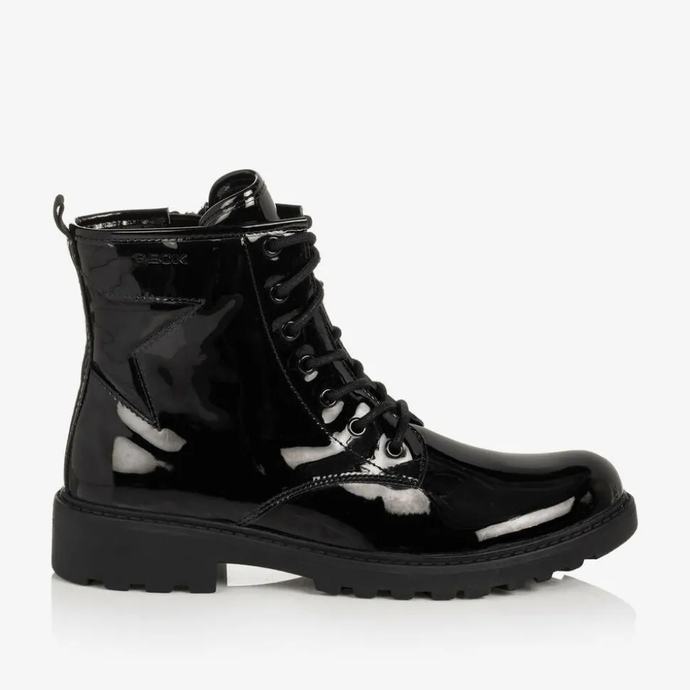 Girls Black Lace-Up Patent Boots