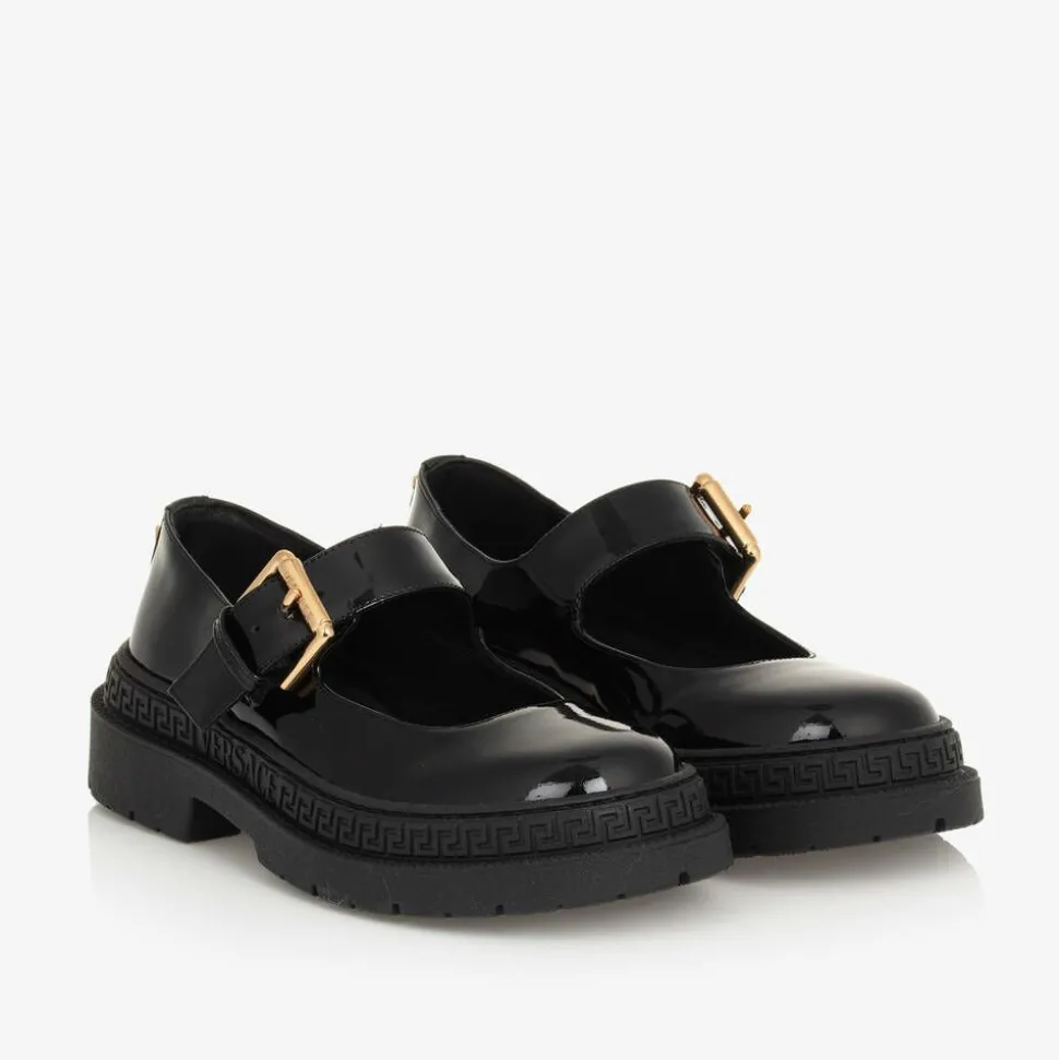 Girls Black Leather Greca Bar Shoes