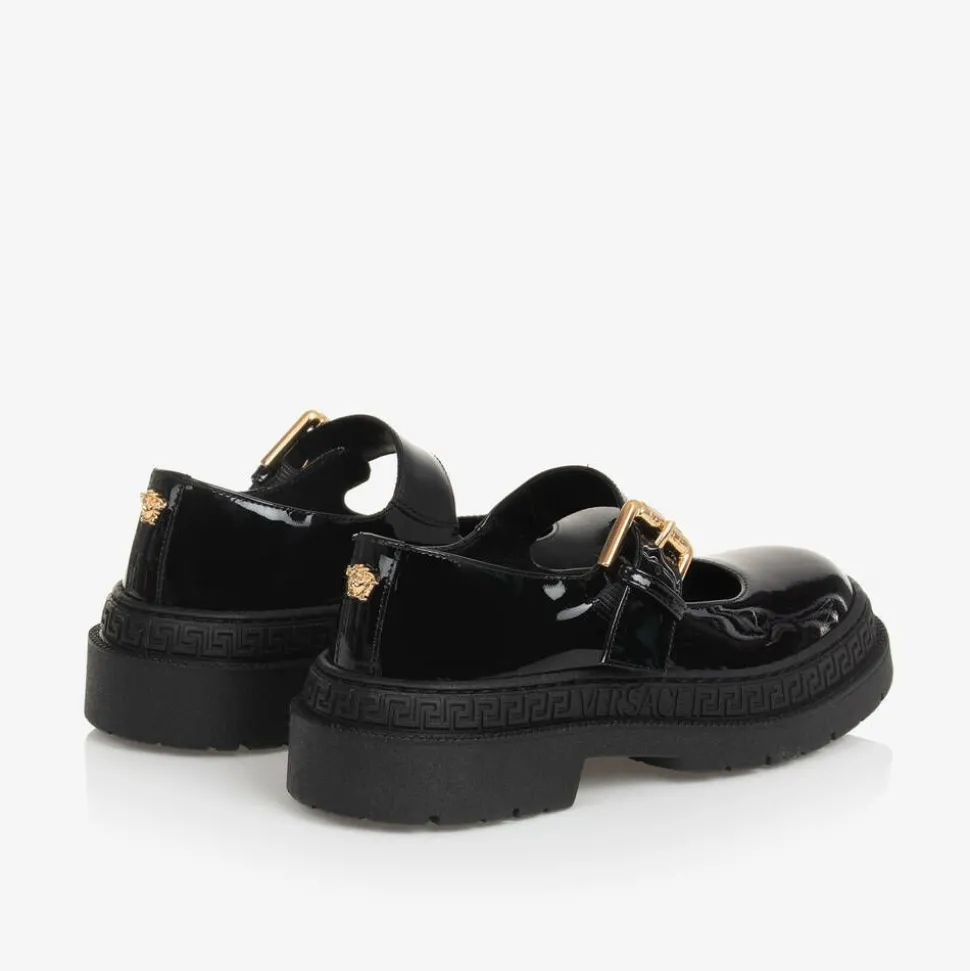 Girls Black Leather Greca Bar Shoes