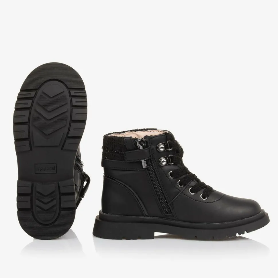 Girls Black Leather Lace-Up Boots