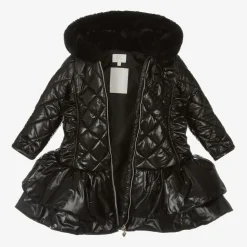 Girls Black Quilted Hooded Coat