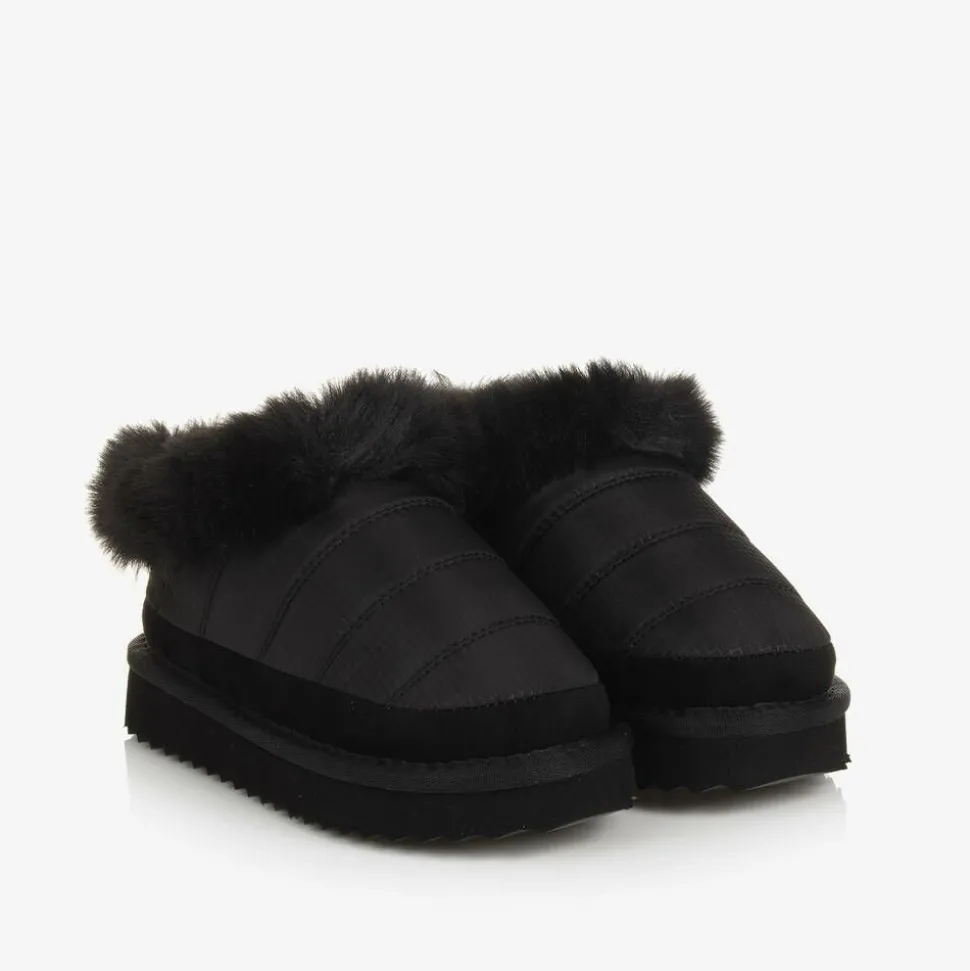 Girls Black Ripstop & Faux Fur Slip-On Boots