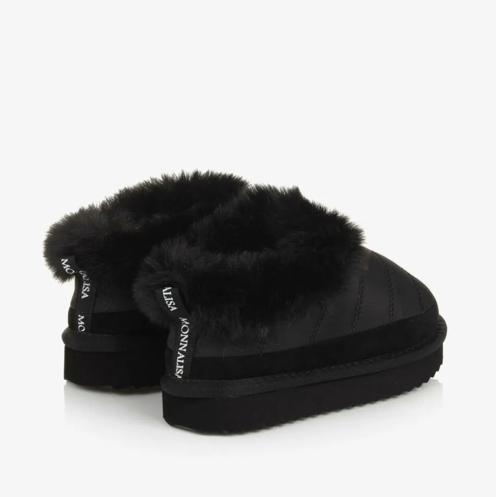 Girls Black Ripstop & Faux Fur Slip-On Boots