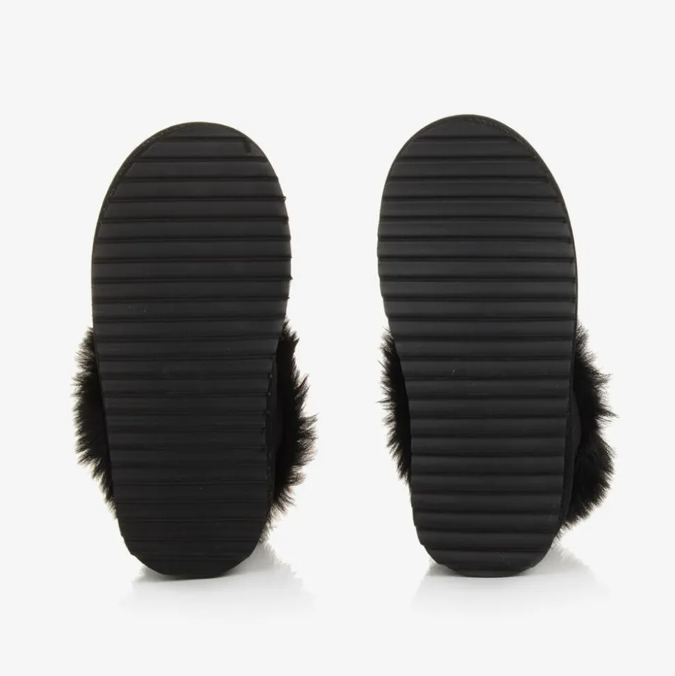 Girls Black Ripstop & Faux Fur Slip-On Boots