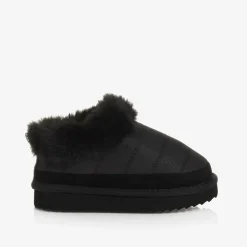 Girls Black Ripstop & Faux Fur Slip-On Boots