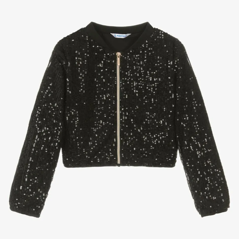 Girls Black Sequin Zip-Up Top